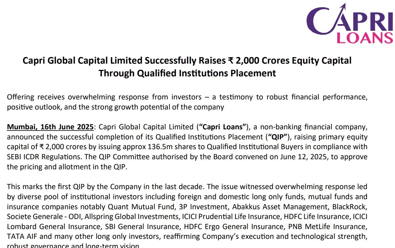 Capri Global Capital Limited Successfully Raises ₹ 2,000 Crores Through Qualified Institutions Placement