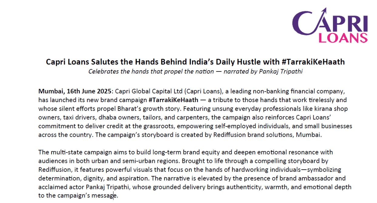 Capri Loans Salutes the Hands Behind India’s Daily Hustle with #TarrakiKeHaath