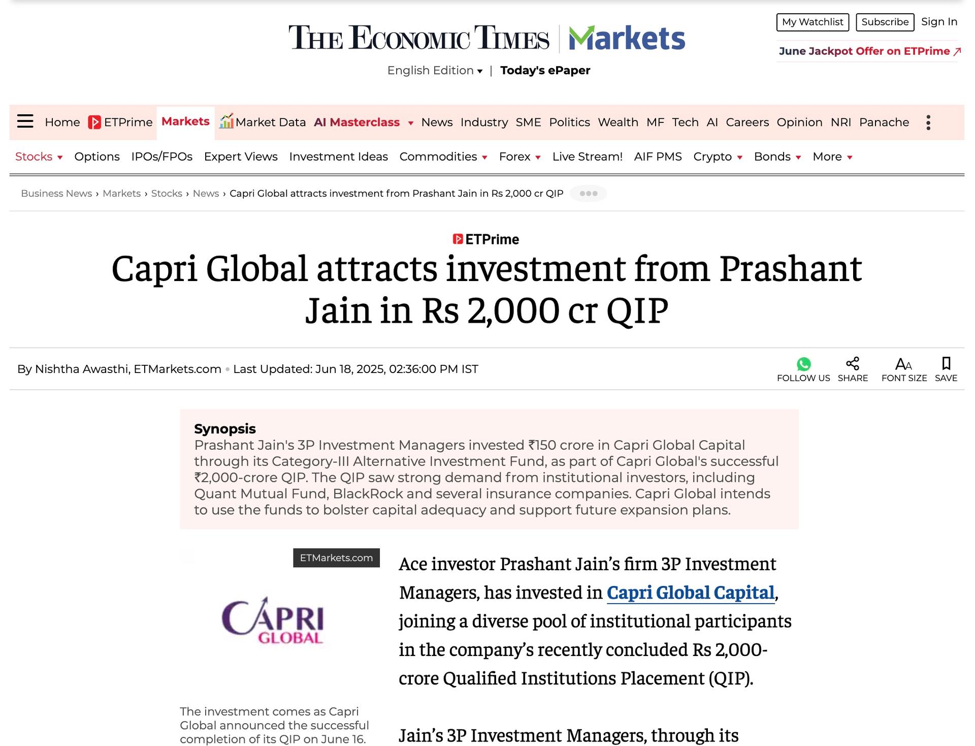 Capri Global attracts investment from Prashant Jain in Rs 2,000 cr QIP