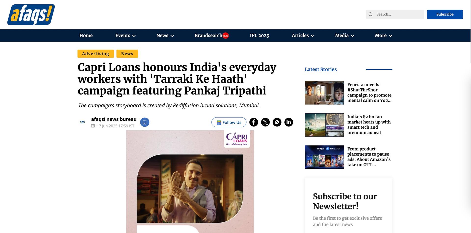 Capri Loans honours India's everyday workers with 'Tarraki Ke Haath' campaign featuring Pankaj Tripathi