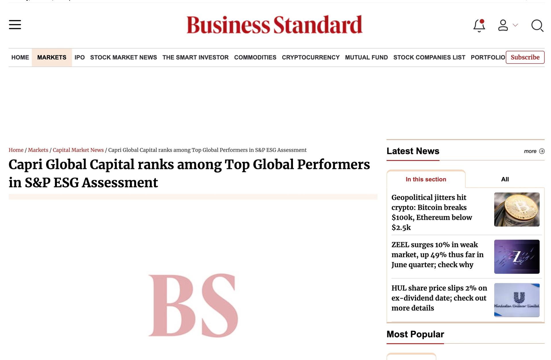 Capri Global Capital ranks among Top Global Performers in S&P ESG Assessment
