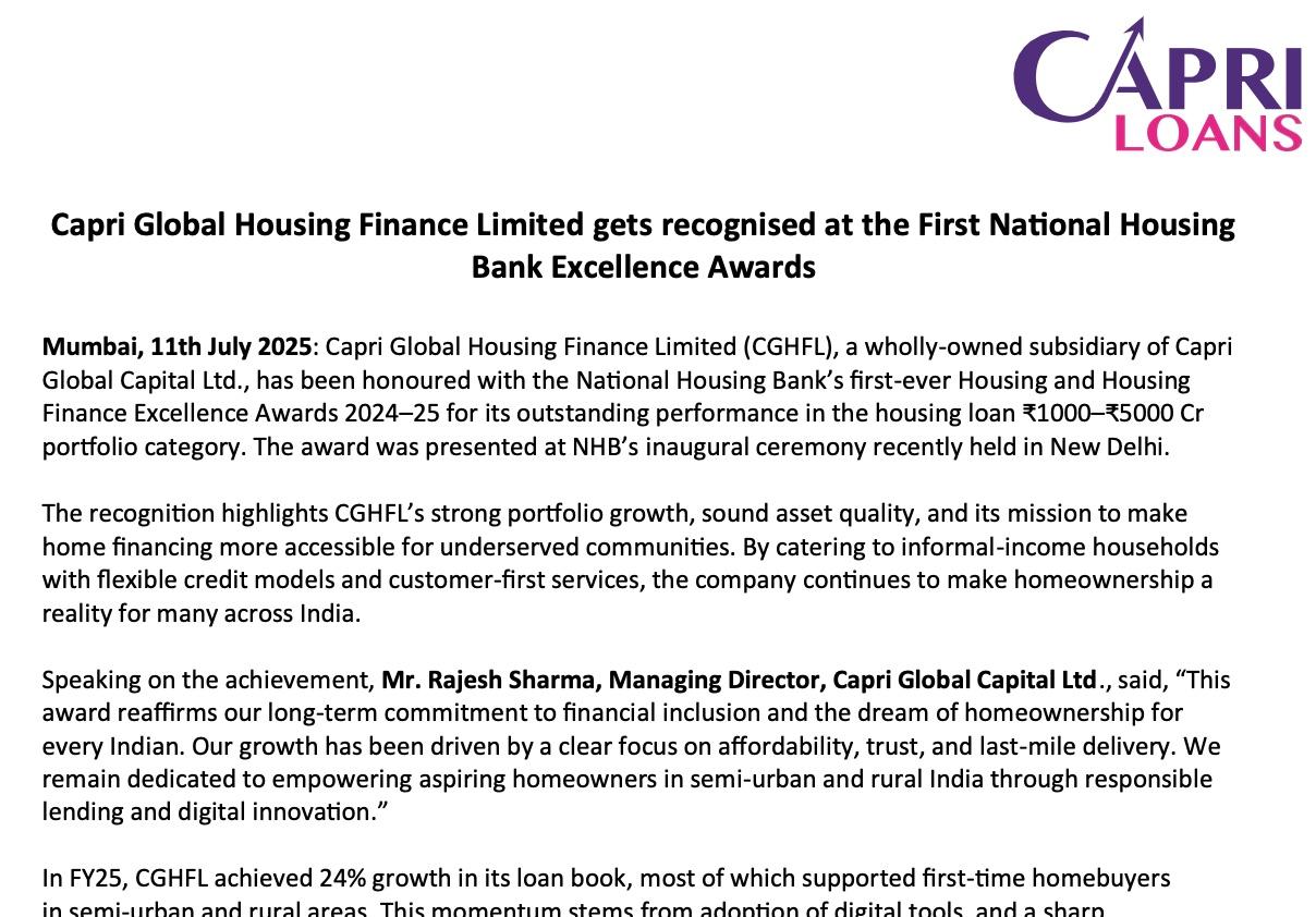 Capri Global Housing Finance Limited gets recognised at the First National Housing Bank Excellence Awards
