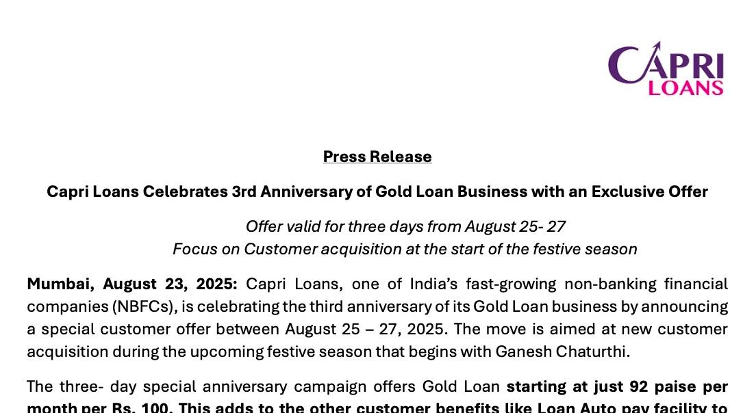 Capri Loans Celebrates 3rd Anniversary of Gold Loan Business with an Exclusive Offer