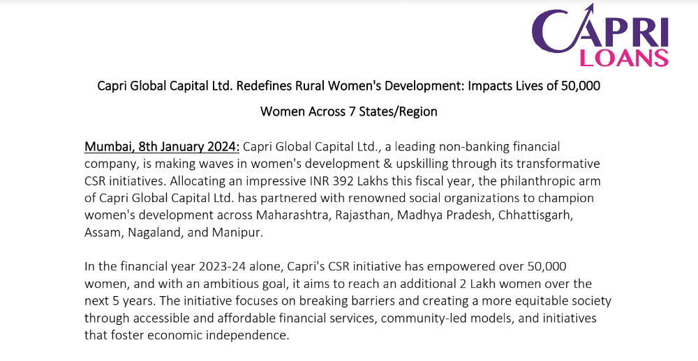 Capri Global Capital Ltd. Redefines Rural Women's Development