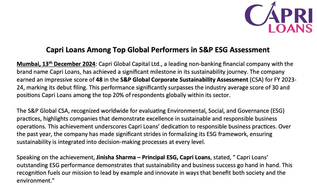 Capri Loans Among Top Global Performers in S&P ESG Assessment