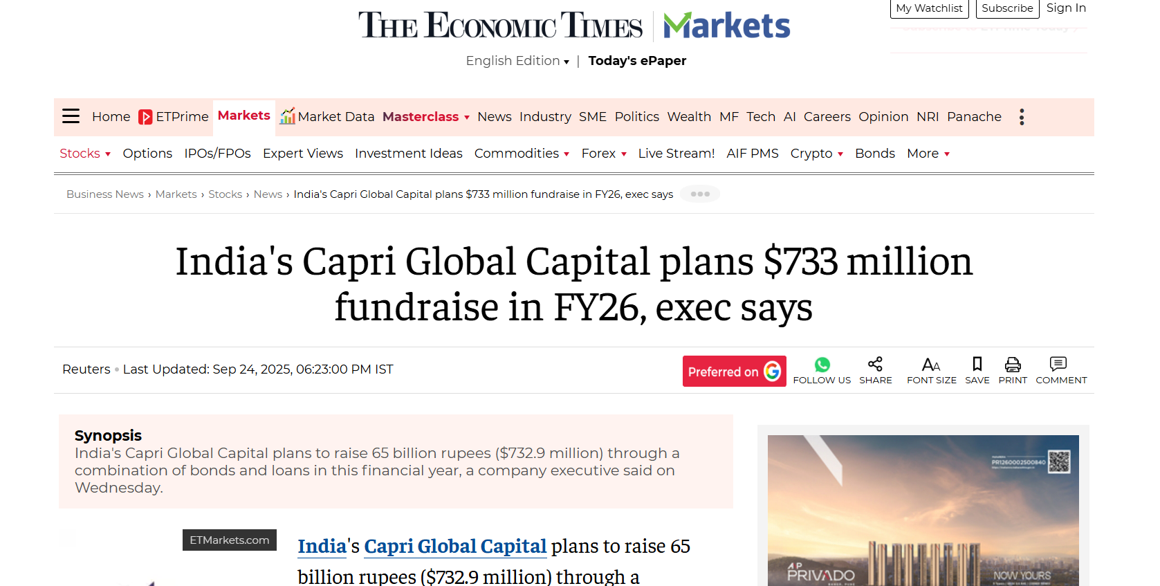India's Capri Global Capital plans $733 million fundraise in FY26, exec says