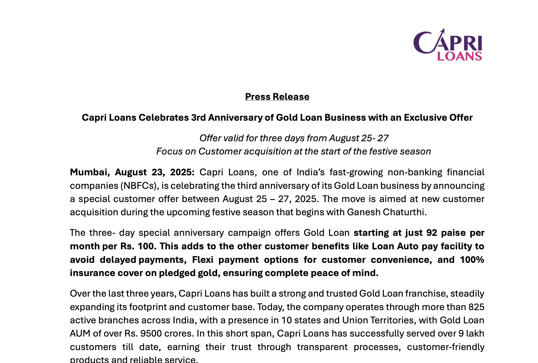 Capri Loans Celebrates 3rd Anniversary of Gold Loan Business with an Exclusive Offer